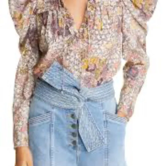 Ulla Johnson Remy Puff Sleeve Floral Blouse Womens 8 Cotton Blend Ivory Boho - Picture 6 of 16